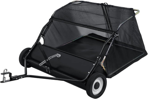 44-Inch Tow Behind Lawn Sweeper, Heavy Duty Yard Sweeper with Dumping Rope Rubber Wheels, Adjustable Sweeping Height Large Capacity Leaf Grass Collector (Black)