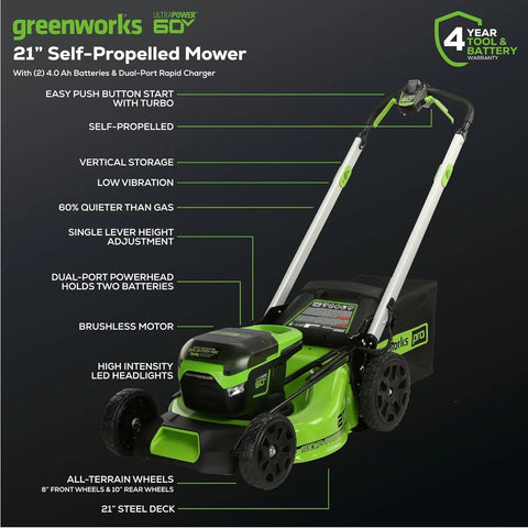 60V 21锟斤拷 Cordless (Self-Propelled) Lawn Mower , 2 x 4.0Ah Batteries and Dual Port Rapid Charger