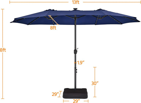 15 ft Large Patio Umbrella with Solar Lights Double-Sided Outdoor Rectangle Market Umbrellas with 36 LED Lights/Base Included/Easy Crank for Patio Garden Yard Pool Lawn, Brown