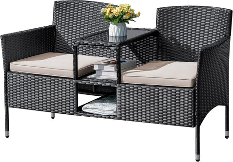 Flamaker Outdoor Furniture Patio Loveseat Wicker 2-Seat with Built-in Table and Cushions Rattan Porch Chairs Bench for Balcony, Lawn, Backyard (Beige)