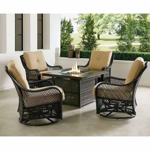 Orleans 5-Piece Steel Patio Fire Pit Conversation Set with Navy Blue Cushions, Swivel Gliders and Square Fire Pit Table
