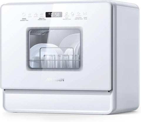 Desktop dishwasher set, double-layer shelf design, portable dishwasher, built-in 5-liter water tank, 3 spray arms, 12-hour delay start, no need to connect power supply, white model