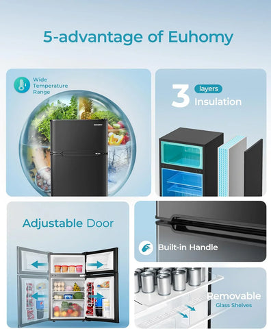EUHOMY 3.2 Cu.Ft Mini Fridge with Freezer �� 2-Door Compact Refrigerator for Bedroom, Dorm, Office or Apartment, Silver