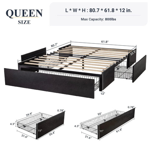 Allewie Queen Size Platform Bed Frame with 3 Storage Drawers