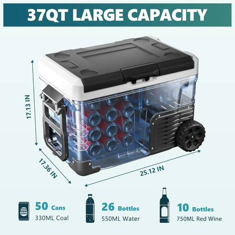 EUHOMY 12 Volt Refrigerator, 37QT(35L) Electric Cooler, Portable Freezer 12V/24V DC 110-240V AC, 12V Fridge -4��~68��, 12V Cooler with Wheels & 2 Baskets for Travel, Truck, Boat, Camping