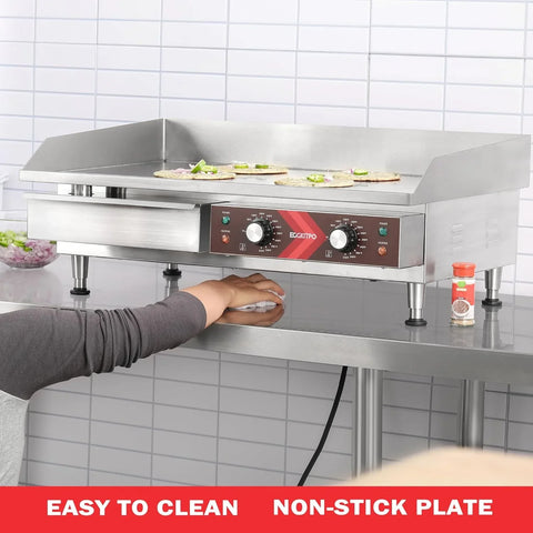 14 Inch Electric Griddle, Non-Stick Flat Top Grill Commercial Electric Countertop Griddles Stainless Steel Adjustable Temperature Control 90掳F-575掳F for Home or Restaurant Use