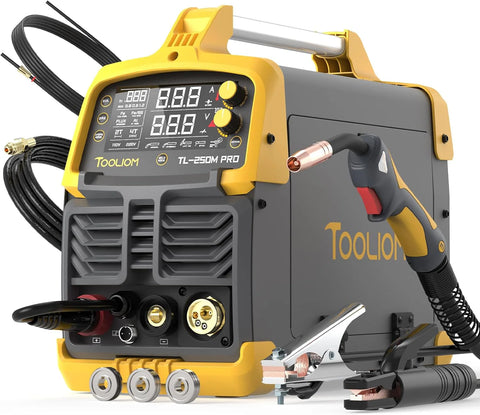 Aluminum alloy MIG welding machine, with pulse function, output power 250A, voltage 110V/220V, supports dual voltage mode, a multi-functional welding machine integrating 4 functions, can use with or without gas flux, MIG, elevated TIG, and manual arc