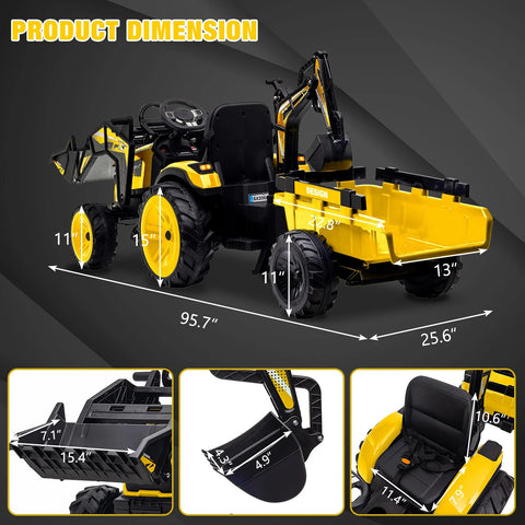 3-in-1 Ride-On Tractor, 24V Electric, Excavator & Bulldozer, Remote Control, LED, Music, USB/Bluetooth max 66 lbs �� Bright-yellow