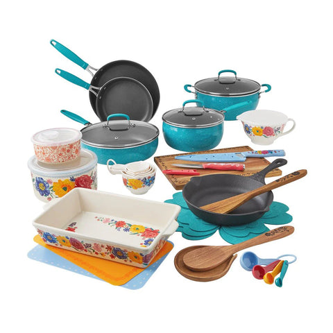 The Pioneer Woman Brilliant Blooms 38-Piece Cookware Set, Teal �� Complete Kitchen Solution with Floral Design