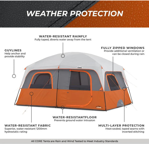 CORE Straight Wall Cabin Tents | 10 Person / 11 Person / 12 Person Large Multi Room Family Tents for Car Camping & Outdoor Adventures