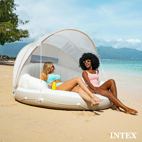58292EP Canopy Island Inflatable Pool Float: Comfortable Lounge Surface �� Built-in Cup Holders �� Detachable Sunshade �� 440lb Max Weight Capacity �� 78.5" x 59"