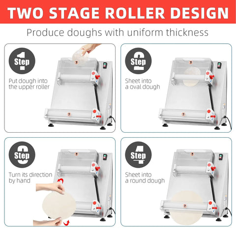 Commercial Pizza Dough Roller Sheeter, Max 16, Automatic 370W Electric Pizza Dough Roller, Stainless Steel, Suitable for Noodle, Pizza Bread and Pasta Maker Equipment