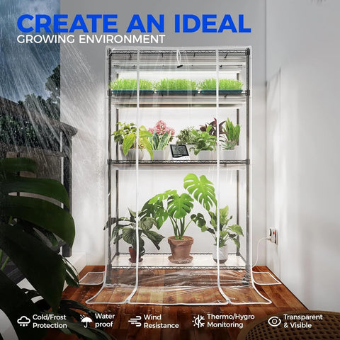 Barrina Mini Greenhouse with LED Grow Light for Indoor Plant, 4-Tier Portable Metal Plant Stand with Wheels, Plant Shelf with Tent, 6Pcs Plant Light with Timer and Thermo-Hygrometer, 35.4x13.8x59IN