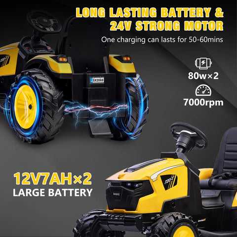 3-in-1 Ride-On Tractor, 24V Electric, Excavator & Bulldozer, Remote Control, LED, Music, USB/Bluetooth max 66 lbs �� Bright-yellow