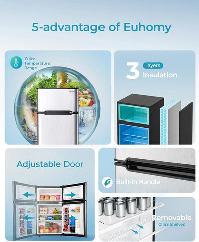 EUHOMY 3.2 Cu.Ft Mini Fridge with Freezer �� 2-Door Compact Refrigerator for Bedroom, Dorm, Office or Apartment, Silver