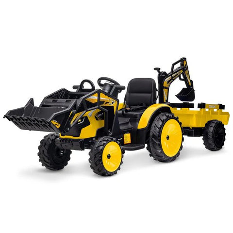 3-in-1 Ride-On Tractor, 24V Electric, Excavator & Bulldozer, Remote Control, LED, Music, USB/Bluetooth max 66 lbs �� Bright-yellow