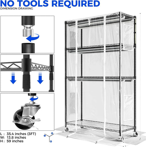 Barrina Mini Greenhouse with LED Grow Light for Indoor Plant, 4-Tier Portable Metal Plant Stand with Wheels, Plant Shelf with Tent, 6Pcs Plant Light with Timer and Thermo-Hygrometer, 35.4x13.8x59IN