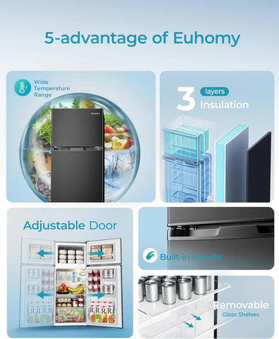 EUHOMY 3.2 Cu.Ft Mini Fridge with Freezer �� 2-Door Compact Refrigerator for Bedroom, Dorm, Office or Apartment, Silver