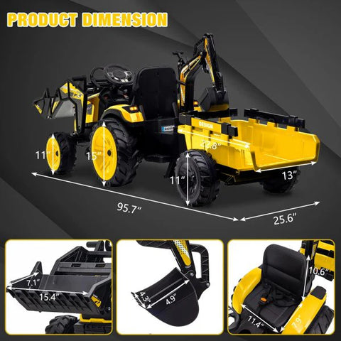3-in-1 Ride-On Tractor, 24V Electric, Excavator & Bulldozer, Remote Control, LED, Music, USB/Bluetooth max 66 lbs �� Bright-yellow