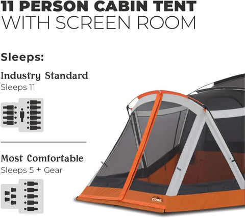 CORE Straight Wall Cabin Tents | 10 Person / 11 Person / 12 Person Large Multi Room Family Tents for Car Camping & Outdoor Adventures
