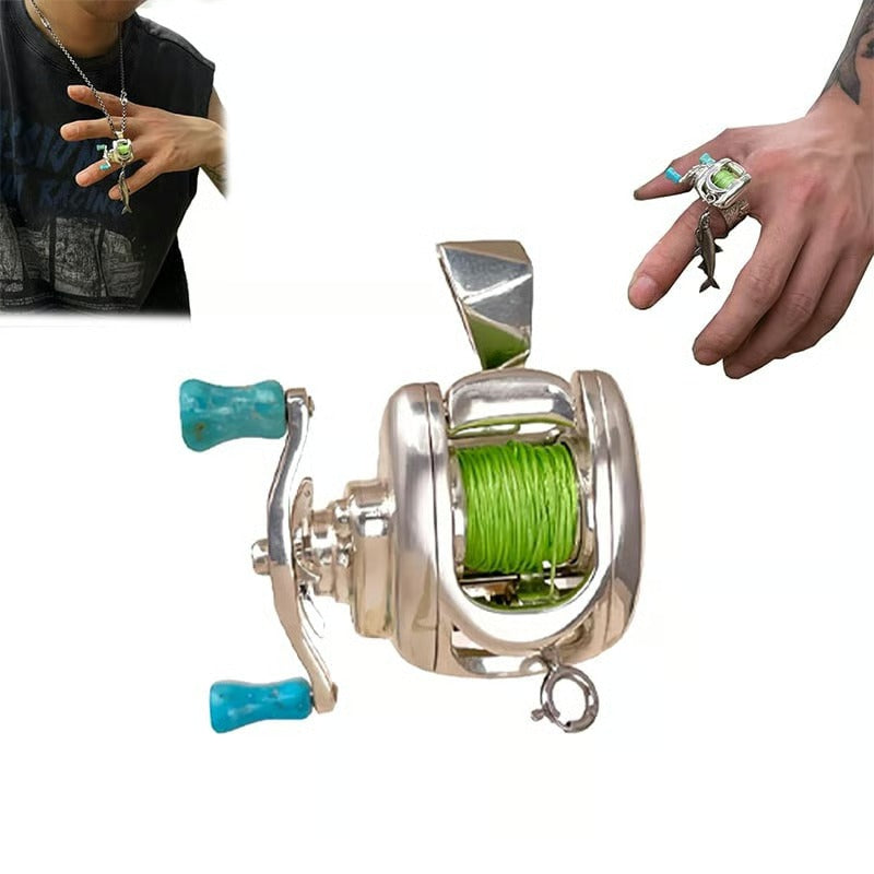 Mini Baitcasting Fishing Reel Pendant and Ring Set