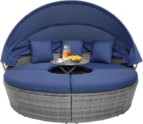 Outdoor daybed, rattan round daybed with sunshade canopy, patio set with cushions and adjustable coffee table, rattan patio furniture, suitable for backyard terraces, porches, and poolside (green color)