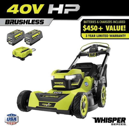 Ryobi 40V HP Brushless 21-in Self-Propelled AWD Lawn Mower �� Whisper Series �� Includes (2) 6.0Ah Batteries and Charger