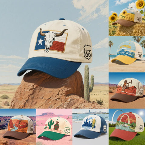 Route 66: America’s Highway, Stitched Into Every Cap