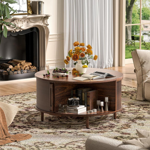 Round Coffee Table, 31.5" Fluted Center Table with Storage, Lift-Top Coffee Table with Adjustable Footpads, Sliding Door, Mid-Century Modern Center Table for Living Room, Small Space (Walnut)