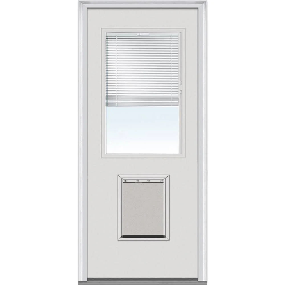 National Door Company Steel Exterior Door, Primed, 1/2 Lite with Clear Glass Internal Blinds & Pet Door, Right Hand Inswing, 32锟芥�锟斤拷x80锟芥�锟斤拷