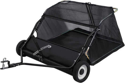 44-Inch Tow Behind Lawn Sweeper, Heavy Duty Yard Sweeper with Dumping Rope Rubber Wheels, Adjustable Sweeping Height Large Capacity Leaf Grass Collector (Black)