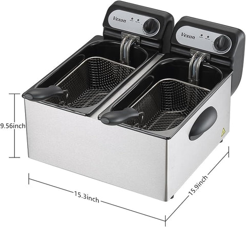 3000W Commercial Electric Deep Fryer With Baskets & Lids,2x3L Stainless Steel Double Deep Fryer,Small Deep Fryer With Basket,Temperature Control,Overheat Protection