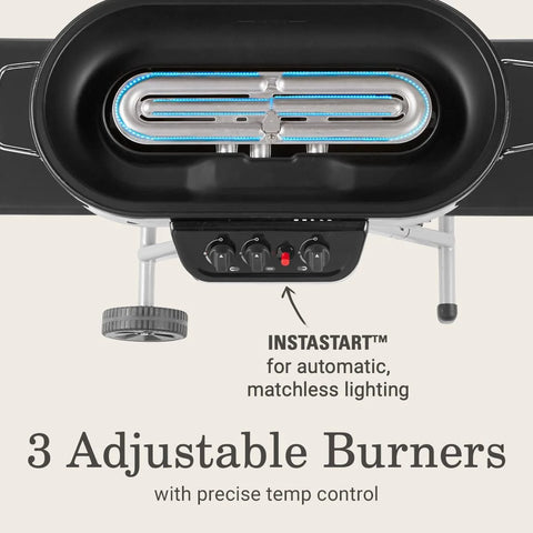 RoadTrip Portable Stand-Up Propane Grill with 3 Adjustable Burners & Instastart Ignition, 20,000 BTUs of Power for Outdoor Cooking
