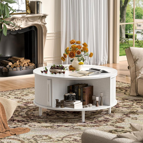 Round Coffee Table, 31.5" Fluted Center Table with Storage, Lift-Top Coffee Table with Adjustable Footpads, Sliding Door, Mid-Century Modern Center Table for Living Room, Small Space (Walnut)