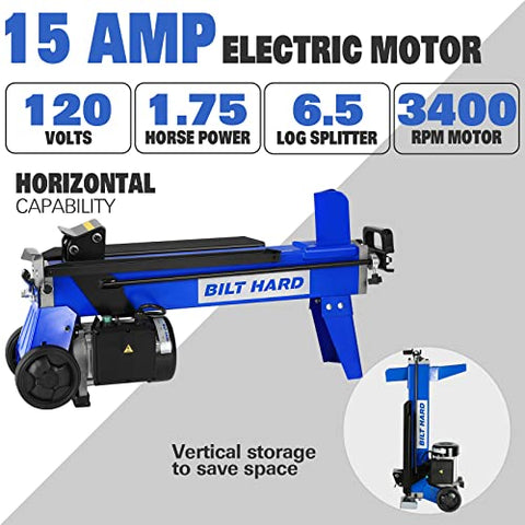 BILT HARD Log Splitter 6.5 Ton, Wood Splitter Electric Powered 15Amp with Hydraulic Ram