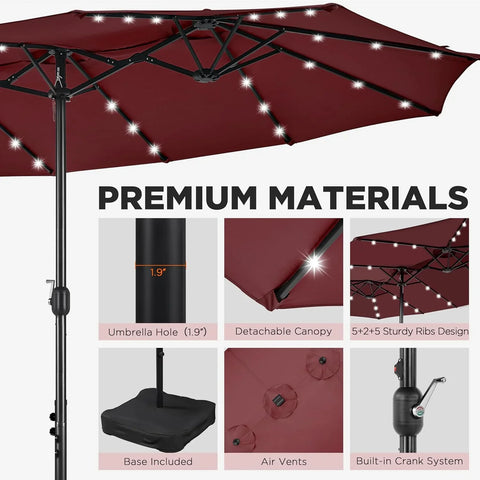 15 ft Large Patio Umbrella with Solar Lights Double-Sided Outdoor Rectangle Market Umbrellas with 36 LED Lights/Base Included/Easy Crank for Patio Garden Yard Pool Lawn, Brown