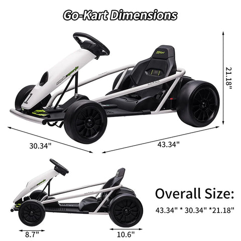 24V Go Kart for Kids 8-12, 300W*2 Motors, 9Ah Battery, 8MPH Speed, Music, Horn, 175lbs Max Load – White