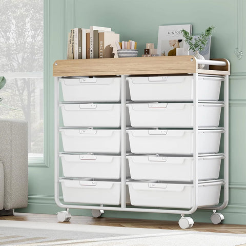 Rolling Storage Cart with 10 Large Drawers, Utility Cart with Wooden TableTop for Craft Organizers, Art Supply Storage, Home Office Organization, Cart with Wheels for Classroom, School, Green