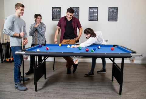 6 Ft Portable Pool Table, Adults Folding Billiards Tables for Game Room with Easy Foldable Storage, Includes Full Set of Billiard Balls, Cues, Chalk & Brush