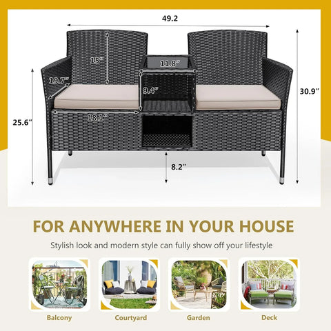 Flamaker Outdoor Furniture Patio Loveseat Wicker 2-Seat with Built-in Table and Cushions Rattan Porch Chairs Bench for Balcony, Lawn, Backyard (Beige)