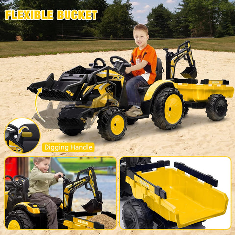 3-in-1 Ride-On Tractor, 24V Electric, Excavator & Bulldozer, Remote Control, LED, Music, USB/Bluetooth max 66 lbs �� Bright-yellow