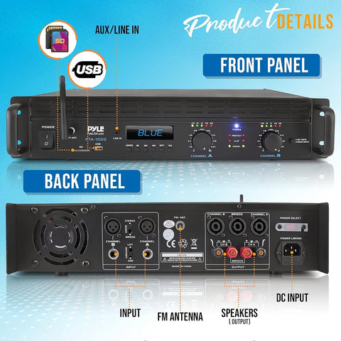 2-Channel Bluetooth Power Amplifier - 2000W Bridgeable Rack Mount Pro Audio Sound Wireless Home Stereo Receiver w/TRS XLR Input,LCD, Bridge Mode, Cooling Fan - Entertainment Speaker System