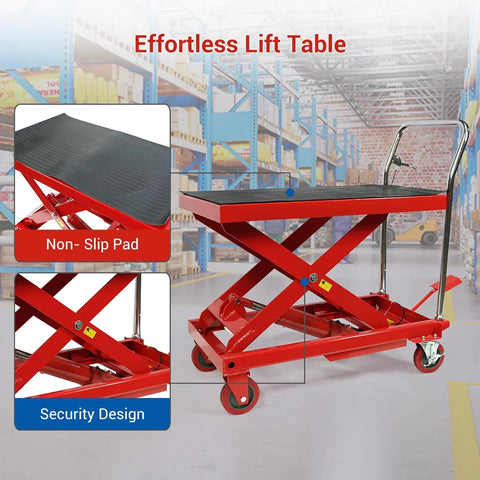 500LBS Hydraulic Lift Table Cart, 30" Lifting Height., Double Scissor Lift Table with 4 Wheels and Non-Slip Pad, Hydraulic Scissor Lift Table for Material Handling and Transportation