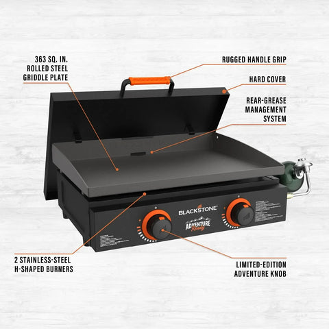 Blackstone Adventure Ready 22锟芥�锟斤拷 Propane Griddle Gift Bundle, Black 锟斤拷 Includes Griddle, Hardcover, Carry Bag, 24,000 BTU Burners, Rear Grease System