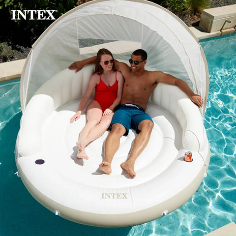 58292EP Canopy Island Inflatable Pool Float: Comfortable Lounge Surface �� Built-in Cup Holders �� Detachable Sunshade �� 440lb Max Weight Capacity �� 78.5" x 59"