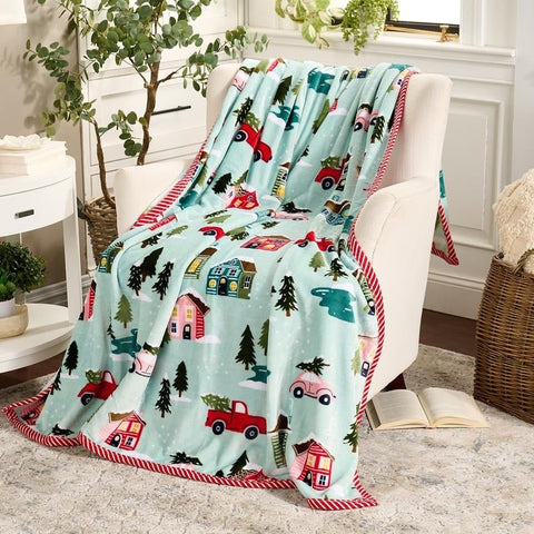 Christmas Festive Print Throw Blanket with Border