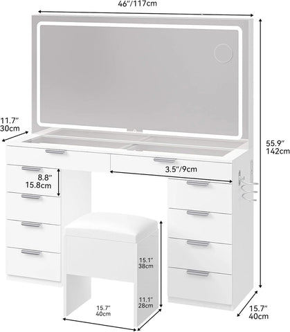 YITAHOME Vanity Set with LED Mirror, 10 Drawers, Stool Included