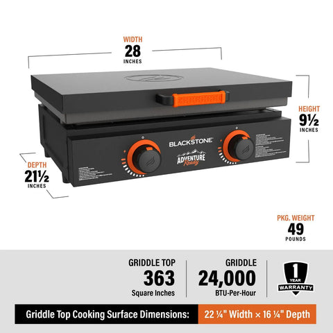 Blackstone Adventure Ready 22锟芥�锟斤拷 Propane Griddle Gift Bundle, Black 锟斤拷 Includes Griddle, Hardcover, Carry Bag, 24,000 BTU Burners, Rear Grease System