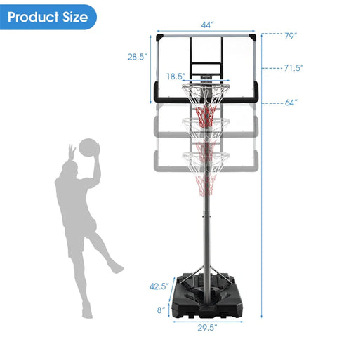 Portable Outdoor Basketball Hoop 64����-79���� Adjustable Poolside Basketball Goal System with 44" Backboard Wheeled Fillable Base