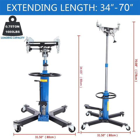 1660 Pounds Hydraulic Car Transmission Jack Vertical Lift with 360° Swivel Wheel Pedal ,Blue,33"-70"(0.75Ton)